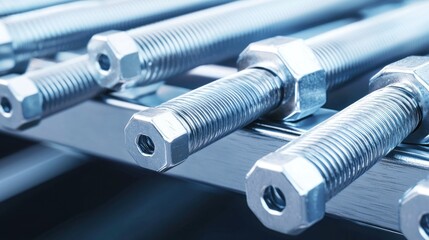 Close-up of metallic bolts and nuts arranged on a surface.