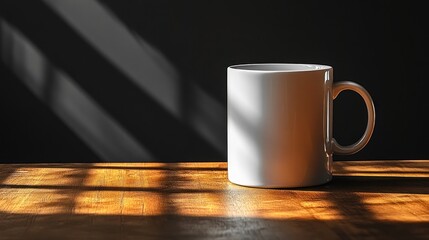 White mug on wooden table in sunlight.