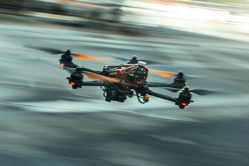 Obraz premium High-speed tracking footage capturing drone racing in motion, cinematic tone