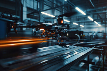 High-speed tracking footage capturing drone repairs in motion, cinematic tone