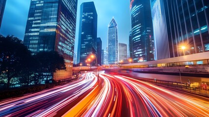 Fototapeta premium Dynamic night traffic movement in urban cityscape fast-paced environment wide-angle view modern infrastructure