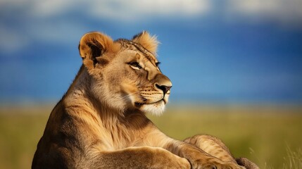 A lioness resting calmly on the African plains under a clear blue sky.