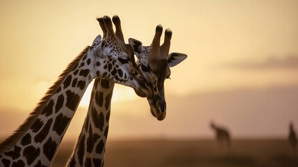 Two giraffes nuzzling at sunset on the African savanna.