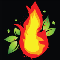 Flame and leaves on the black