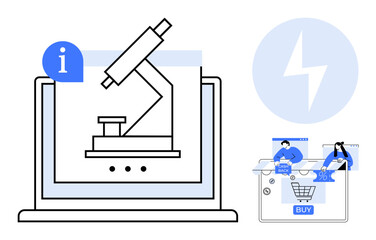 Microscope displayed on laptop screen with info symbol. People interacting with a shopping cart icon. Ideal for science, education, e-commerce, technology, and digital information. Line metaphor