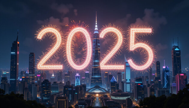 Futuristic Cityscape with Gleaming Skyscrapers and Vibrant Fireworks Display