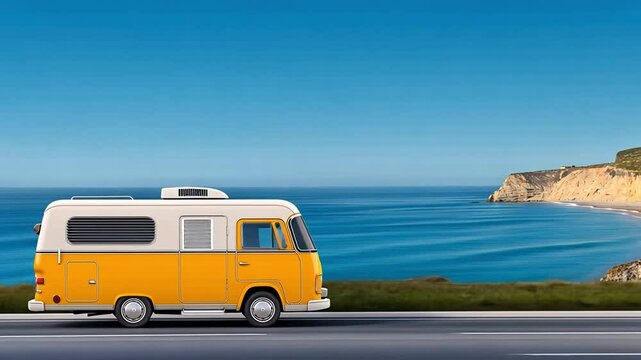 A yellow retro camper van cruises along a beautiful coastline with clear blue waters in the background, showcasing a perfect day for a road trip