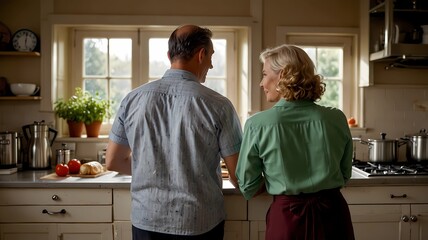 Senior couple from behind view cooking together, symbolize romance, happiness and togetherness, vintage style concept 