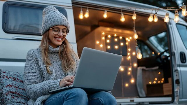 A woman sits outside her van, using a laptop while surrounded by warm lights and a peaceful atmosphere, enjoying remote work and nomad lifestyle