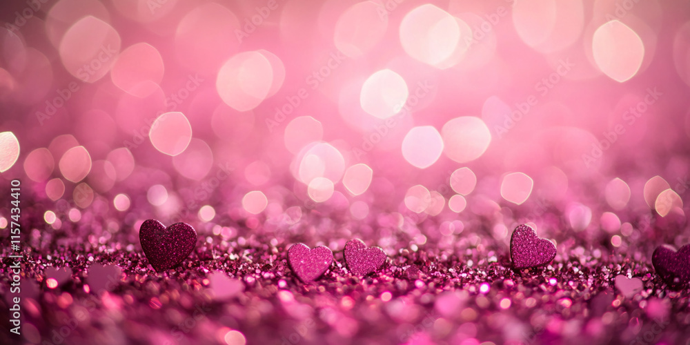 Poster glittery pink hearts with a soft bokeh background, creating a romantic valentine's day atmosphere