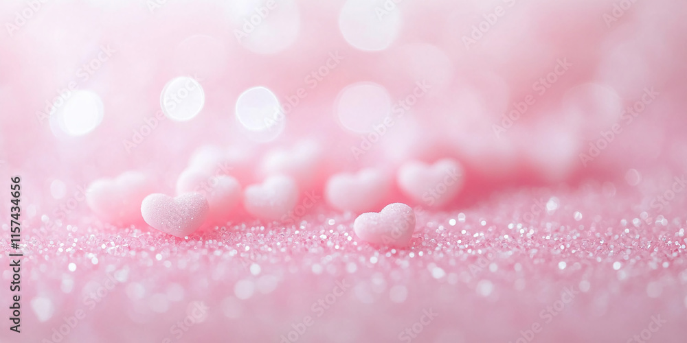 Poster frosted pink sugar hearts on a glittery surface with a soft bokeh background for valentine's day