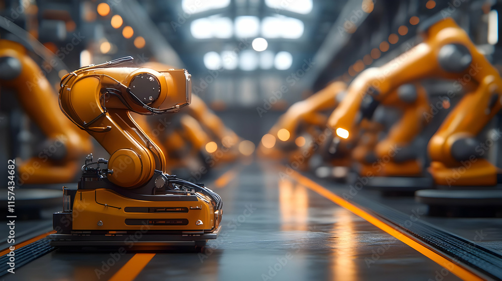 Poster robotic arms on an automated assembly line in a modern factory.