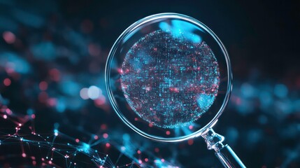 Magnifying glass enlarging a glowing sphere of interconnected nodes.