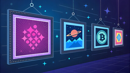 NFT digital art gallery showcase with glowing frames in neon purple and blue cyber design