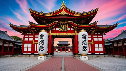 Fototapeta premium Temple main gate standing at sunset with dramatic sky