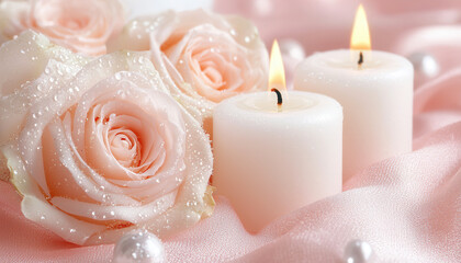 Fototapeta premium A serene arrangement of soft pink roses and lit candles on a delicate fabric, creating a romantic and tranquil atmosphere.
