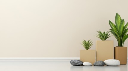 Minimalist Plants Beige Pots Stones Calm Interior Design