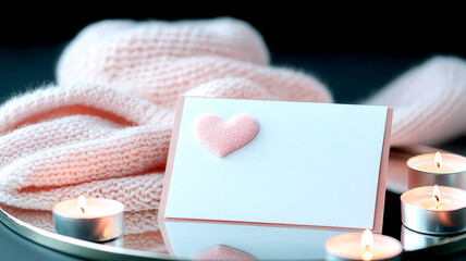 Obraz premium A cozy scene featuring a soft pink scarf, a heartfelt card with a heart embellishment, and lit candles, creating a warm, inviting atmosphere.