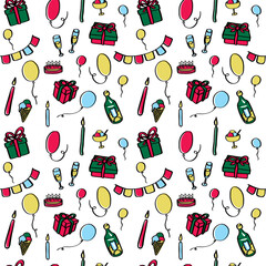 Birthday Seamless Pattern. Endless ornament, doodle colorful elements on a white background. Wallpapers, backgrounds, prints, wrapping, design papers, stationery design, packaging, gifts, décor