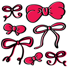 Set of different cute doodle ribbon bows. Hand drawn silk bows. Trendy gift ribbons, holiday present box decor. Bowknots in hand-drawn and flat styles. Black contour, pink red color, white background