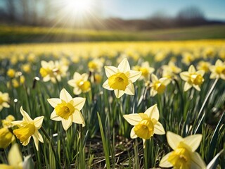 Obraz premium A meadow field of a yellow daffodil flowers on a sunny spring day. Beautiful seasonal floral nature landscape.