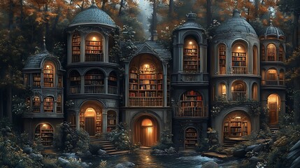 Obraz premium Enchanting Library Towers Nestled In A Mystical Forest