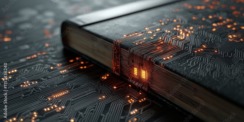 Poster knowledge research exchange concept. a book with a circuit board design and glowing elements on a da