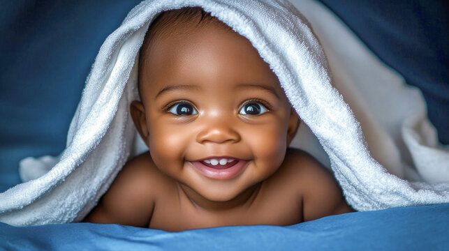 Dark skinned mixed race toddler boy smiles wrapped in white towel lying on blue sheet