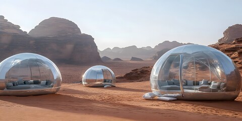 Futuristic transparent domes in a desert landscape, designed for habitation or leisure.