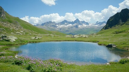 Serene mountain lake reflecting sky, surrounded by lush green meadows and wildflowers, with majestic snow-capped peaks in the background.