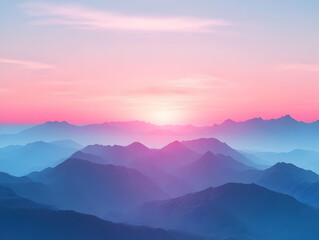 Fototapeta premium Serene sunset over layered, hazy mountains in pink and blue hues.