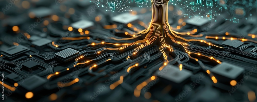 Poster knowledge research exchange concept. a digital tree with glowing roots connected to circuit boards, 