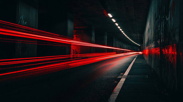 Dynamic light trails in an urban tunnel at night