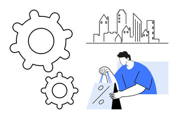 Large and small gear wheels symbolizing progress, cityscape indicating urban development, man shopping with discount bag. Ideal for business, economy, progress, development, shopping, marketing