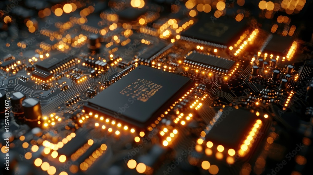 Poster illuminated circuit board: a close-up view of microchips and electronic components