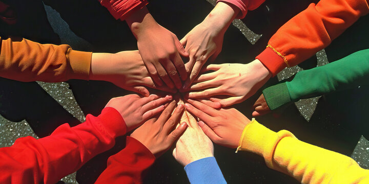 Eight Individuals with Interlocked Hands and Colorful Clothing