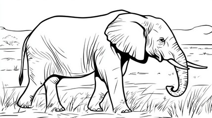 Big Adult African Elephant Profile Walking Outline Drawing, Vector Illustration for Coloring Book © Ilja