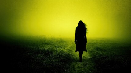 Silhouetted woman walking alone on a misty path.