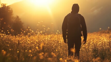 Golden Hour Hike: A lone hiker walks through a sun-drenched field at sunrise, the warm light illuminating the scene and creating a sense of peace and adventure.