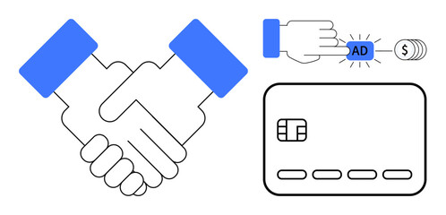 Handshake between two hands, finger clicking on AD button with dollar coins, credit card. Ideal for business deals, online advertising, payment transactions, partnerships, e-commerce, digital