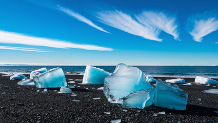 Icebergs melting on beach with blue sky and cirrus clouds