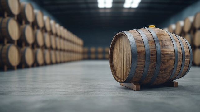 Oak Barrel in Warehouse with Background Barrels
