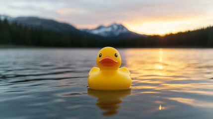 Yellow Rubber Duck in Lake at Sunset