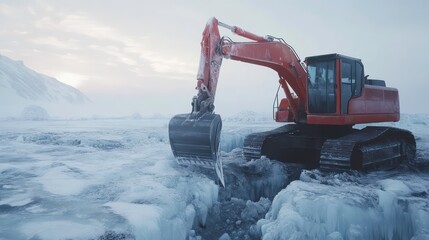 Excavator navigating icy terrain in arctic setting