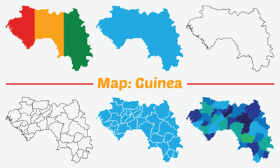 Obraz premium Guinea country map set. internal provinces borders marked, Simple map of Guinea vector drawing, Filled and outline.