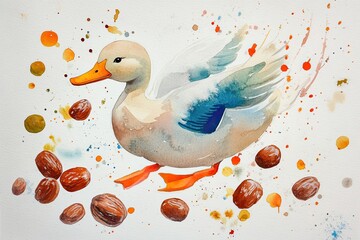 Watercolor Painting of a Duck with Nuts