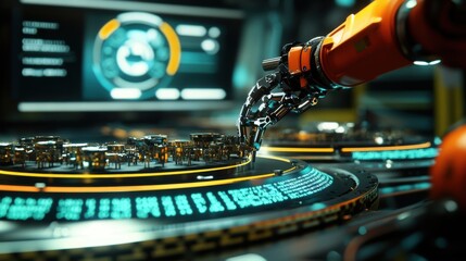 A closeup view of a robotic arm assembling intricate parts on a conveyor belt with a digital display panel illuminated in the background emphasizing automated processes.