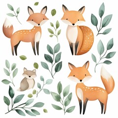 Cute pastel watercolor  concept. Whimsical fox illustrations surrounded by leaves and greenery in a playful style.