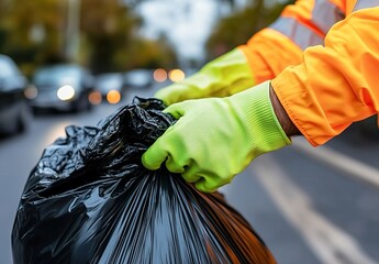 A person wearing green gloves is holding black garbage bags and carefully picking up trash on the street
