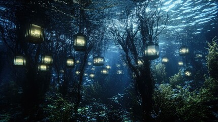 Obraz premium Underwater forest scene with glowing lanterns hanging from branches.